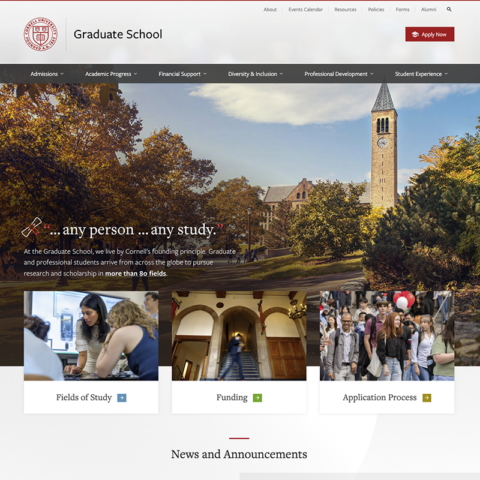 Snapshot of grad school homepage showing McGraw Tower