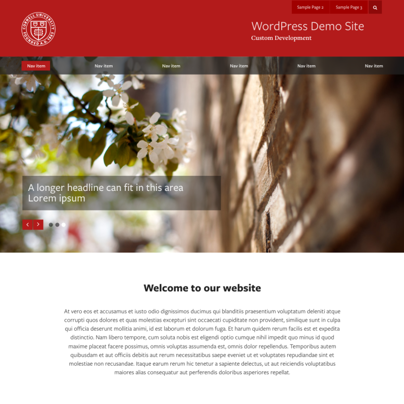 homepage mockup with a red bar and white insignia with image of flowers below