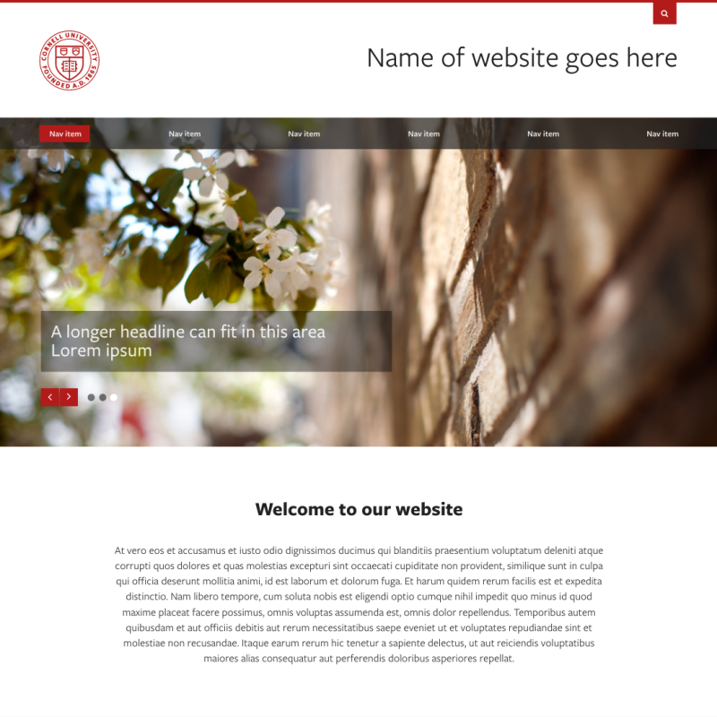 homepage mockup with a white bar and red insignia with image of flowers below