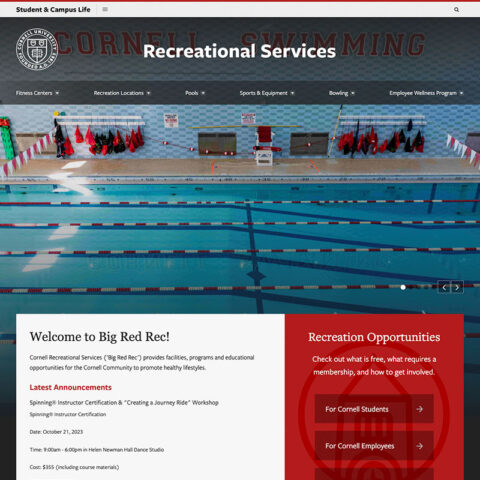recreational services homepage, navigation menu and image of pool
