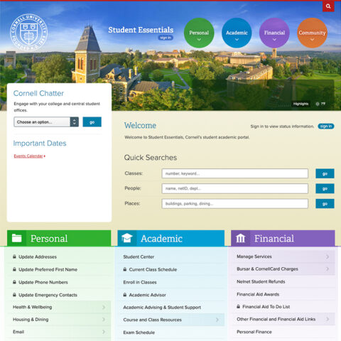 Snapshot of student essentials homepage showing an aerial shot of Cornell.